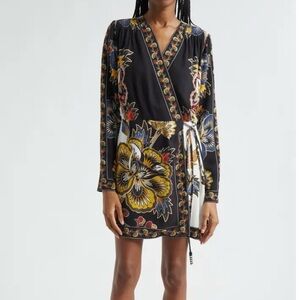 Farm Rio, Floral Border Print Long Sleeve Wrap Minidress, M, Black